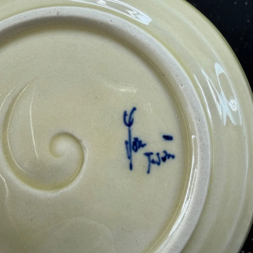 Tsuboya Ware Yachimun Japanese Pottery Creamer and Saucer Set Fish Design 3in